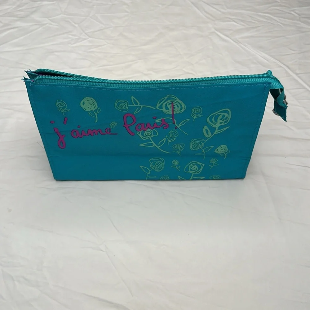 Lancôme Pink and Blue Floral Cosmetic Bag with Paris Text. 9” long x 6” tall.